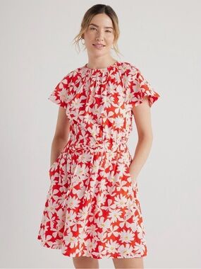 Red Floral Midi Dress with Tie Waist